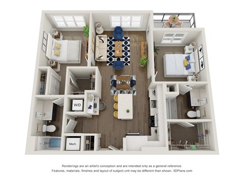 Floor plan for 2 beds, 2 baths, 1081 sqft